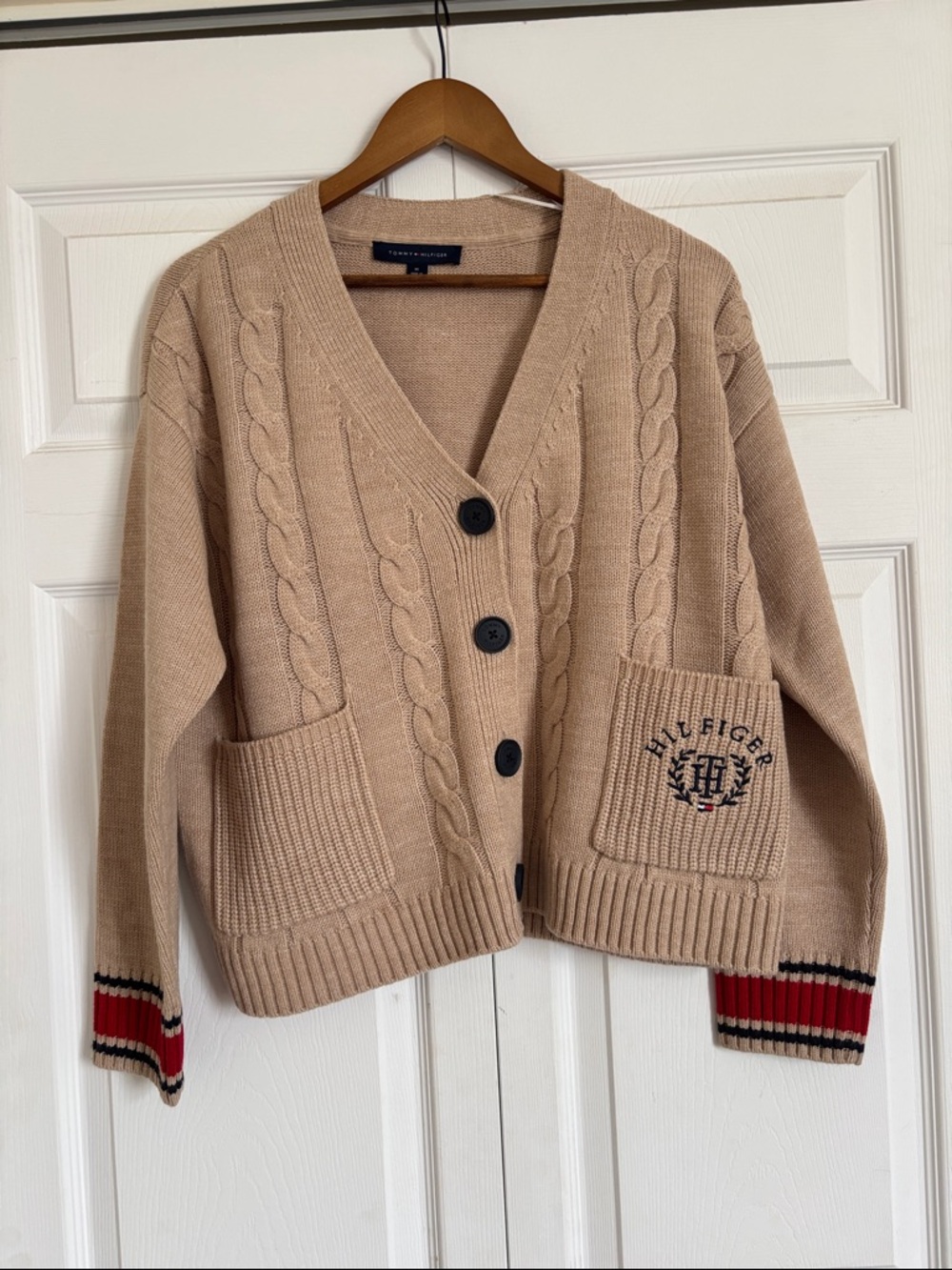 Tommy Hilfiger Beige Cable V-Neck Cardigan with Striped Cuffs